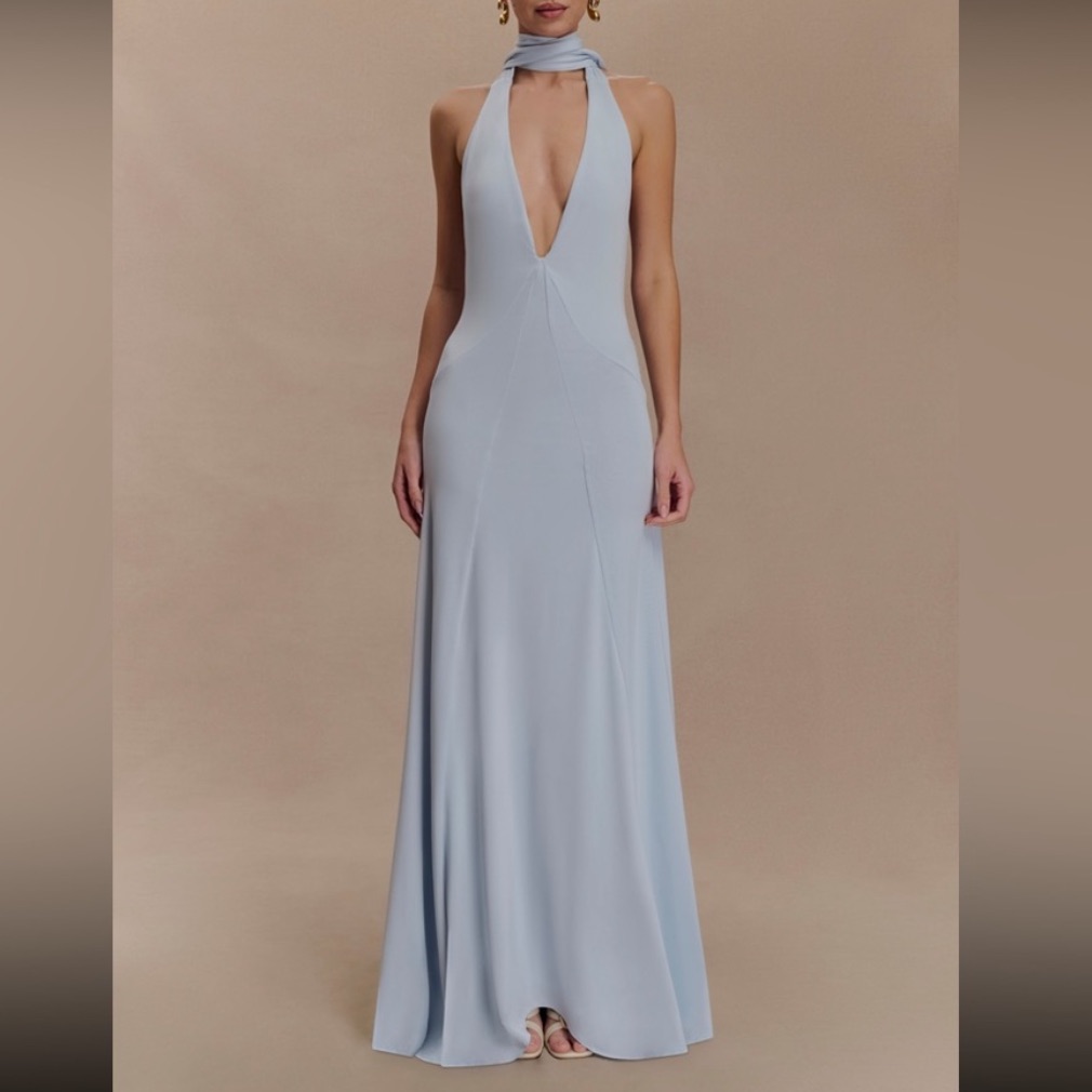 Meshki Juliet Slinky Maxi Dress W Scarf Pale Blue Size Xxs Formal Event Wedding